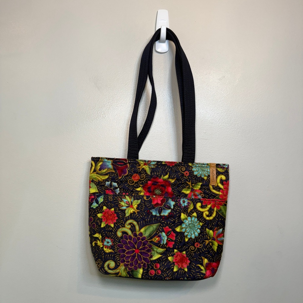 Donna Sharp Quilted Multicolor Floral Print Tote Shoulder Bag Navy Blue Red
